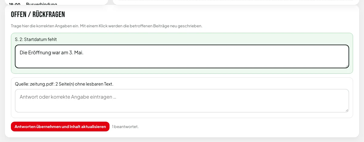 Der Bereich Offen und Rückfragen mit einem beantworteten Textfeld.