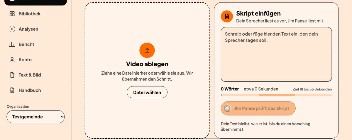 Das Reel Studio mit Upload-Feld und dem Menüpunkt Text und Bild.