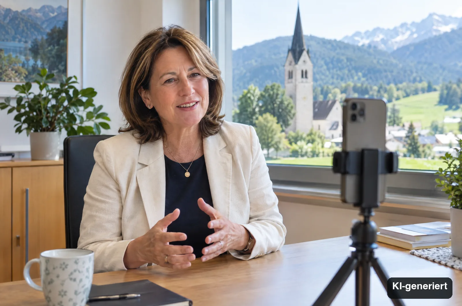 Eine Bürgermeisterin spricht in ihrem Büro ein Video in die Handykamera. KI-generiertes Bild.